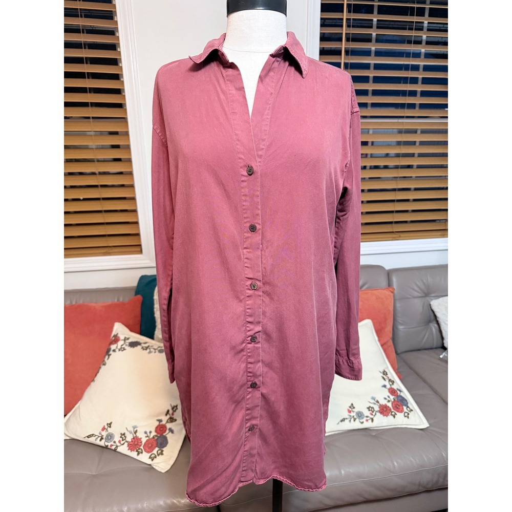 tentree Tencel Lyocell Button Down Shirt Dress Rosewood Pink XS Pockets